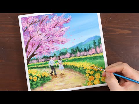 Cherry Blossom Street / Acrylic painting for beginners