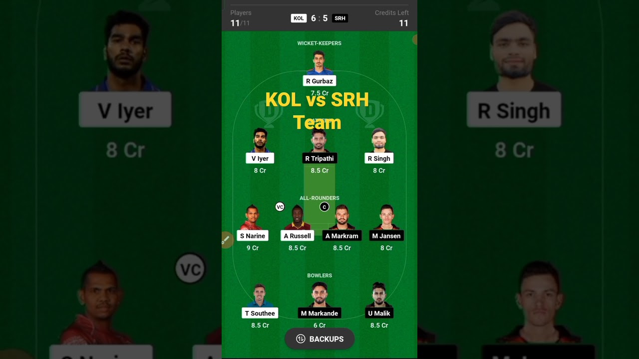 KOL vs SRH Dream11 Prediction | KKR vs SRH Dream11 Team | Today Ipl Match 