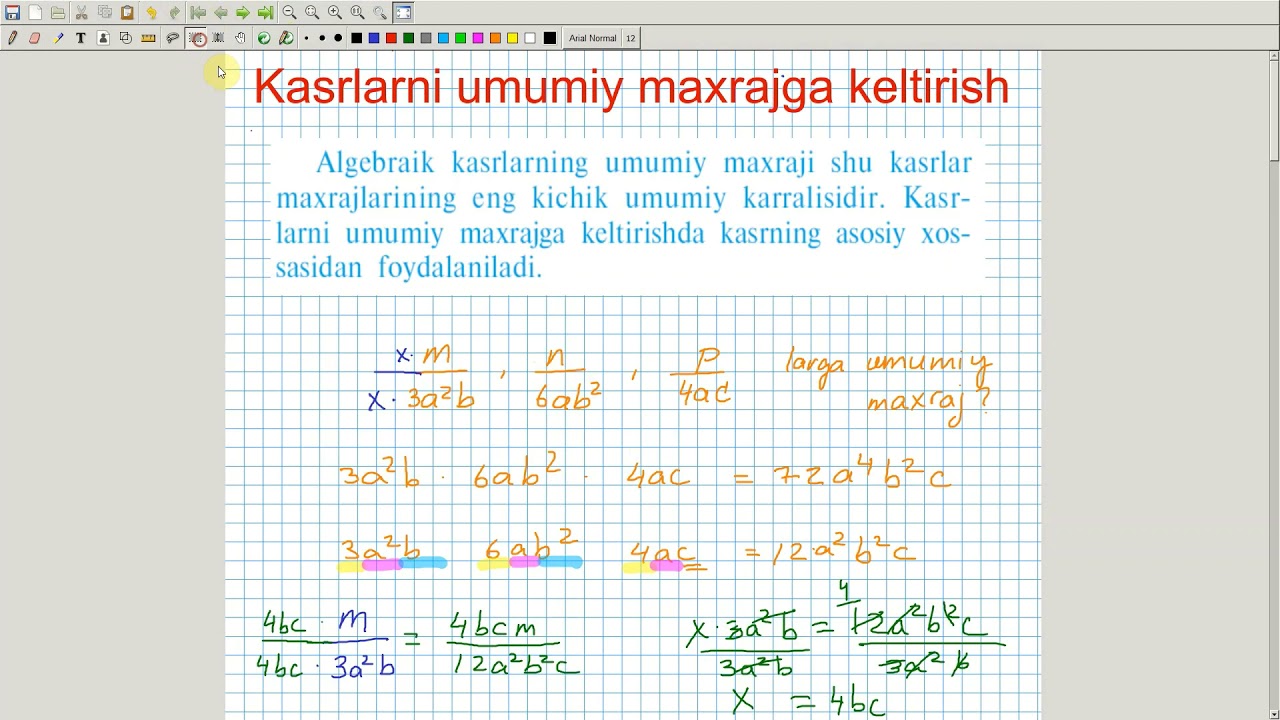 Algebraik kasrlarni umumiy maxrajga keltirish. Algebra 7-sinf. 29-dars ...