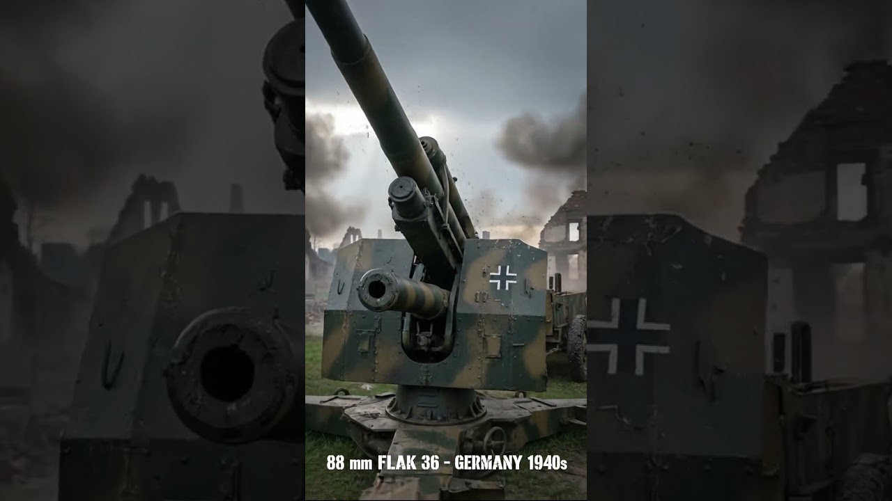 88 mm Flak 36 in urban combat position showing recuperator cylinders and splinter shield