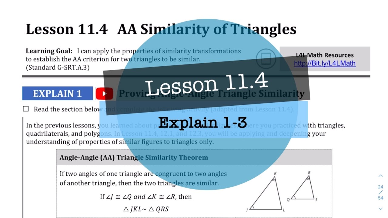 Geometry - Lesson 11.4_ AA Similarity of Triangles (Explain 1-3) - YouTube