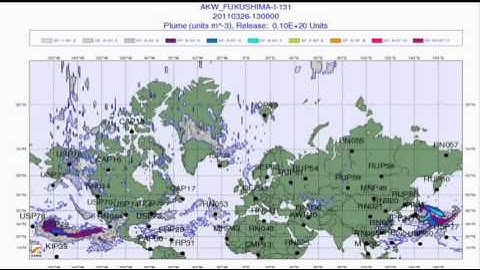 Fukushima Iodine 131 global radioactive spread on world map animation