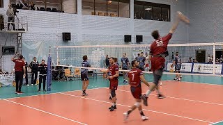 Volleyball. Attack hit. Teams "Fakel" Novy Urengoy and "Yaroslavich " Yaroslavl.