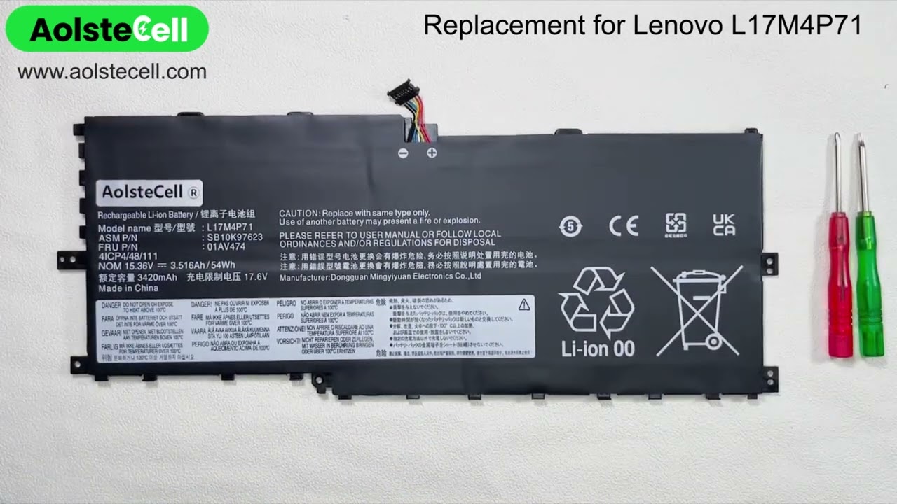Replacement battery for Lenovo L17M4P71 15.36V 54Wh 4 cells