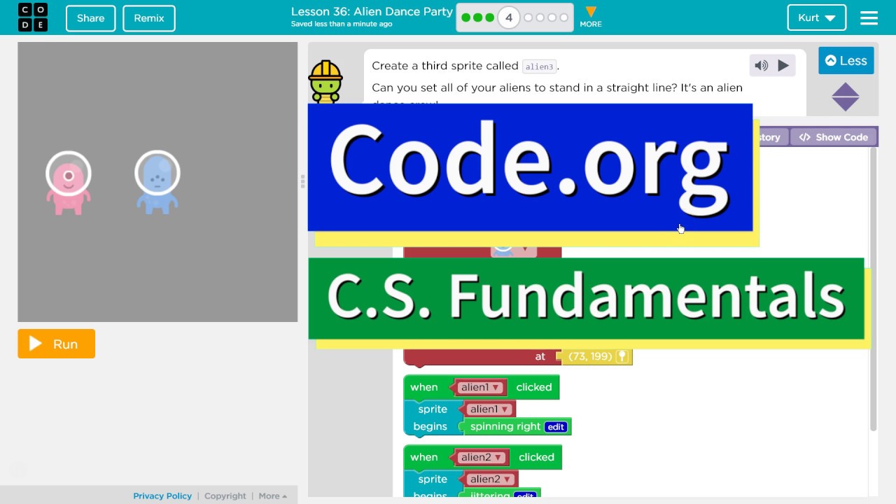 alien dance party cs express lesson 36 4 course f 22 4 code org tutorial with answers youtube
