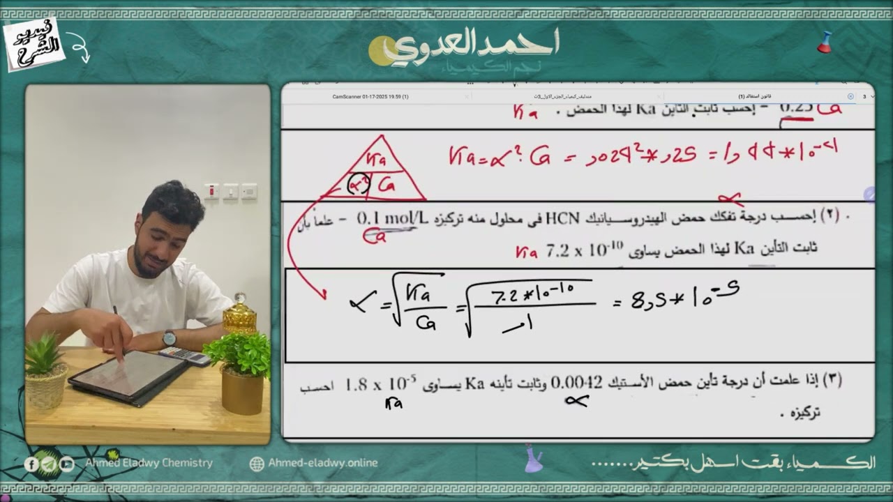  الاتزان اليونى الحصة ٢(قانون استفالد  - تركيز ايون H+ و OH-)