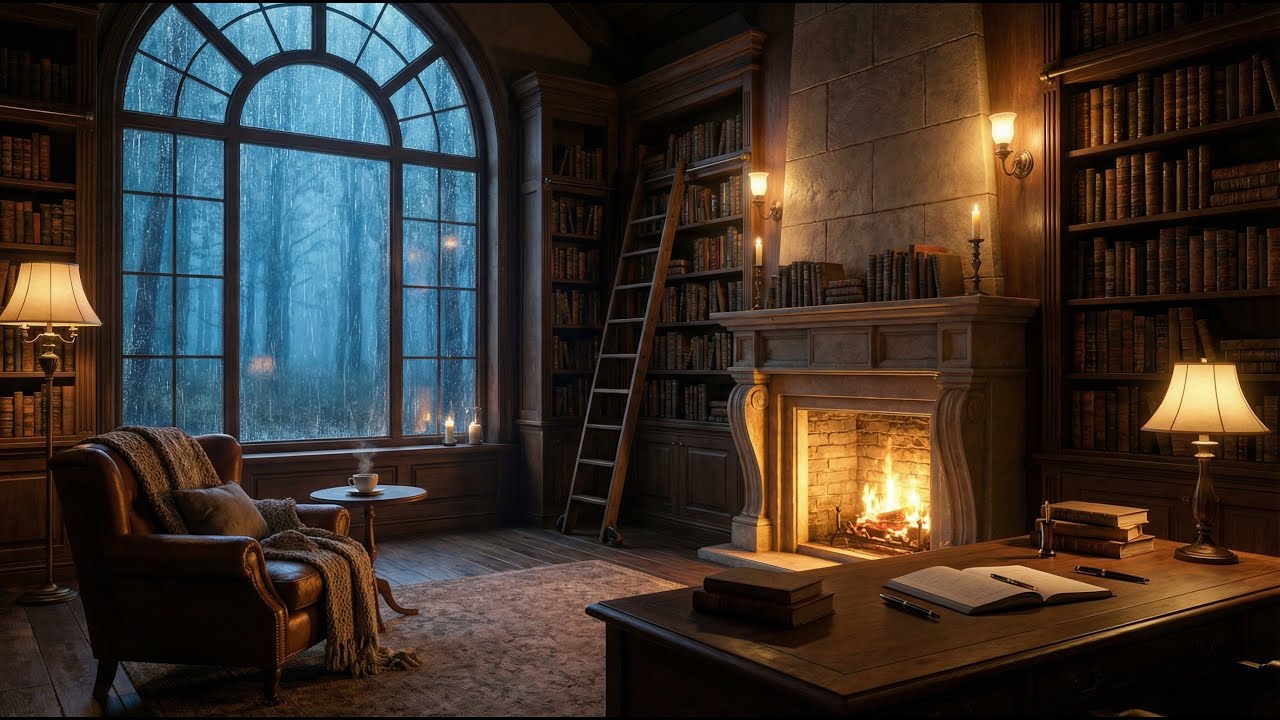 Rainy Library Fireplace Ambience 📚 Warm Candlelight (Study / Read / Sleep)