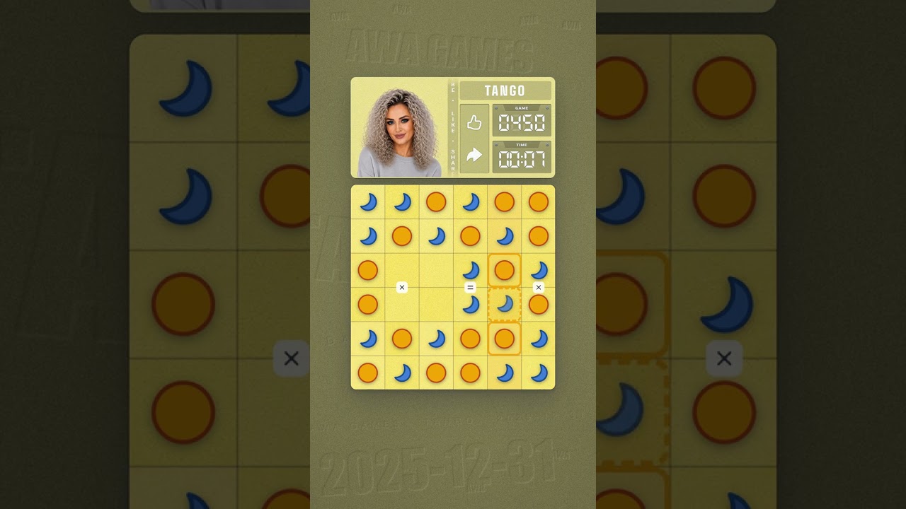 LinkedIn Tango #450 solved board for December 31, 2025, 6x6 grid