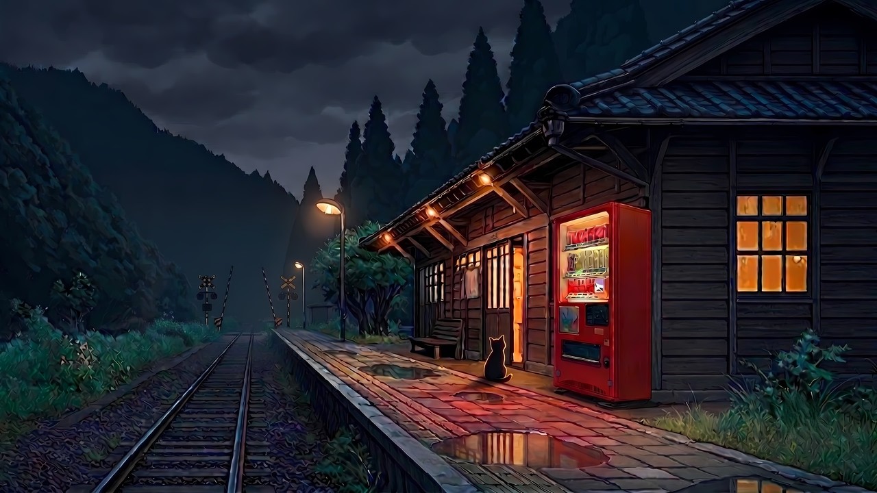Rainy Night Country Station 🚉🌧️ Lo-Fi BGM for Reading in Bed & Sleep｜猫と自販機（2時間）