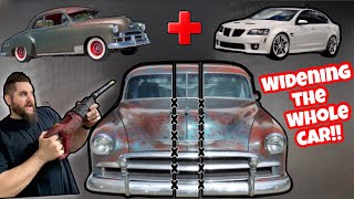 BEST CHASSIS SWAP EVER! WIDENING THE WHOLE CAR! 1950 CHEVY ON PONTIAC G8! BUDGET BUILD LS FRAME SWAP