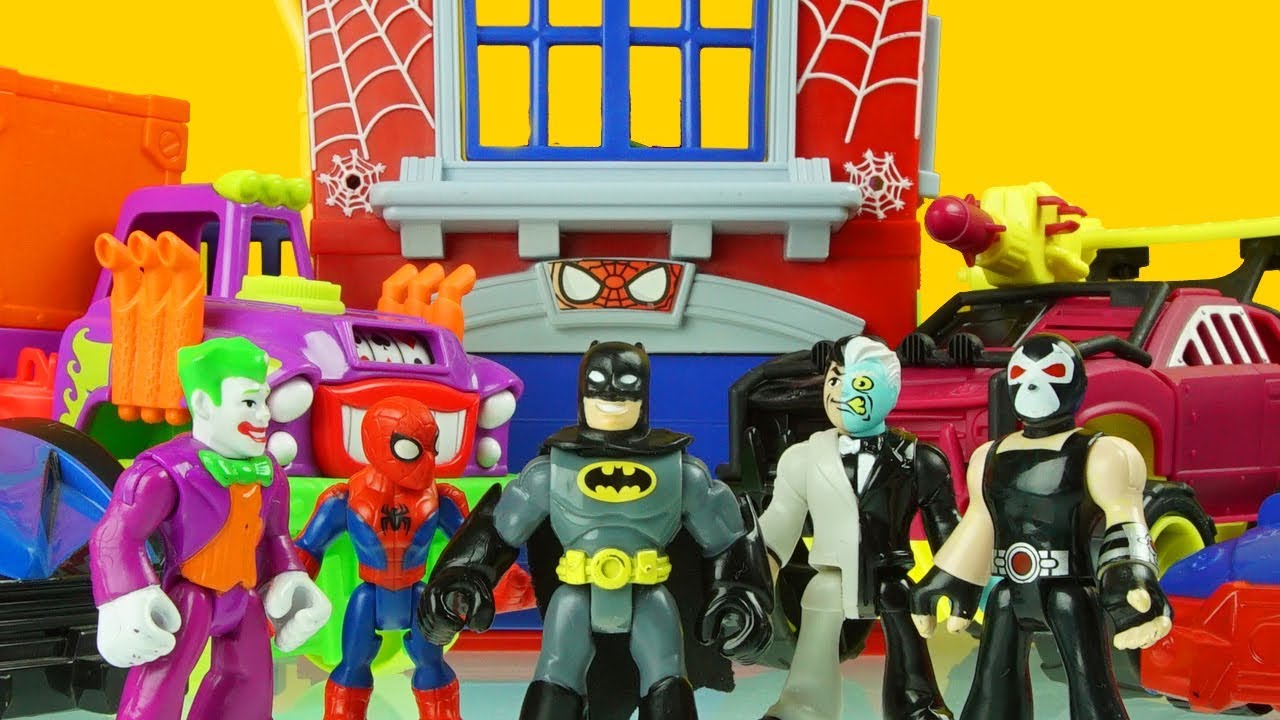 SPIDERMAN & BATMAN vs BANE, TWO FACE & JOKER superhero toys