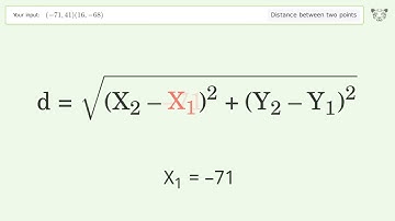 Find the distance between two points p1 (-71,41) and p2 (16,-68): Step-by-Step Video Solution
