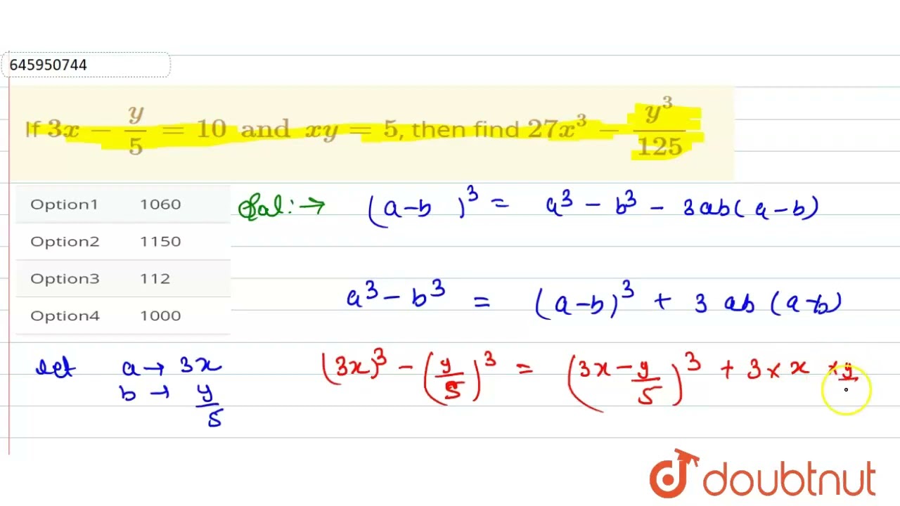 If 3x y 5 10 And Xy 5 Then Find 27x 3 y 3 125 CLASS 8 If 3x y 5 10 And Xy 5 Then Find 27x 3 y 3 125 CLASS 8