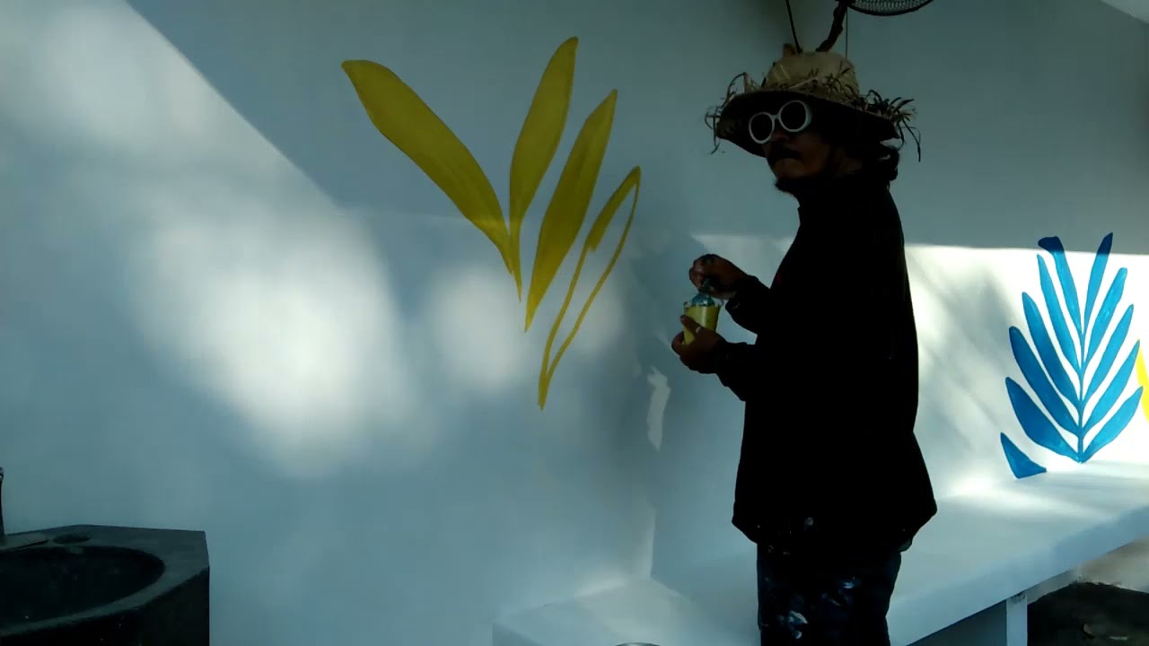 Mural Daun Palm Warna Warni simple dan mudah. Tropical Leaves Mural. Colorful Art.