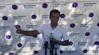 Vivek Ramaswamy talks to reporters after speaking at Iowa State Fair