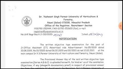 Dr YPS UNI. NAUNI/provisional answer key of JOA(IT) POST CODE 206/held on 24/10/21