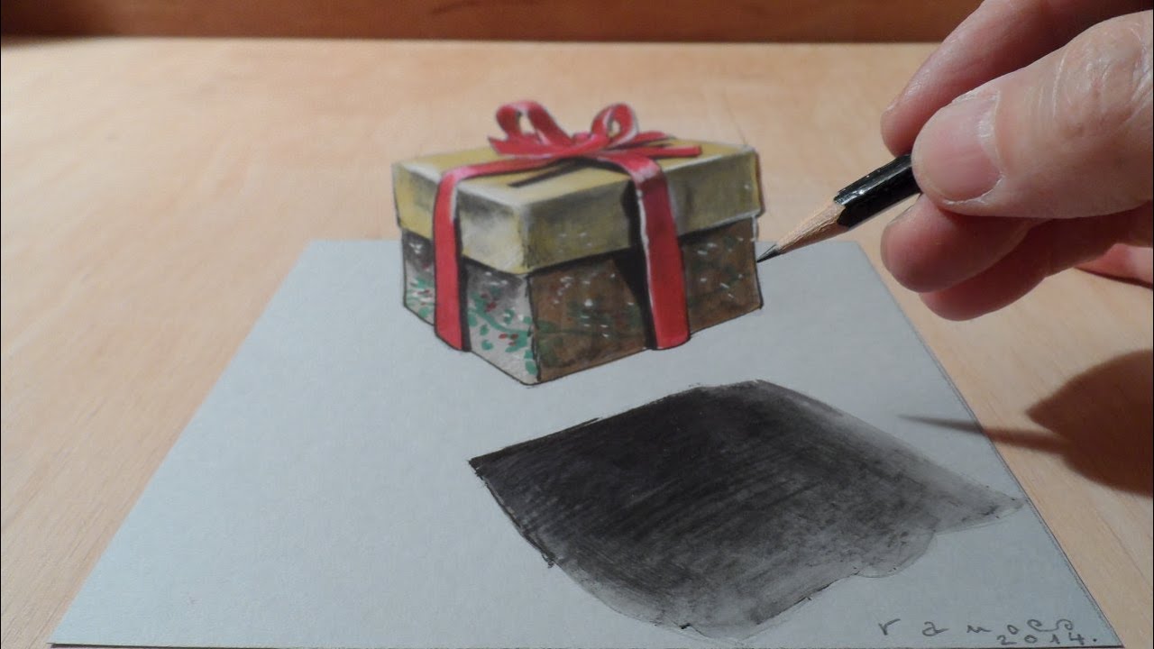 How to Draw 3D Gift Box - Drawing 3D Christmas Gift - Cool ...