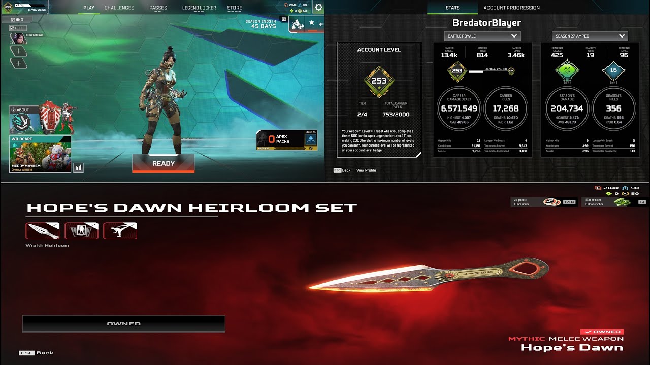 (Sold) Wraith Heirloom Hopes Dawn Kunai 265 Legs Season 5+6+7+8+9+10+11+12+13+14 Battle Pass