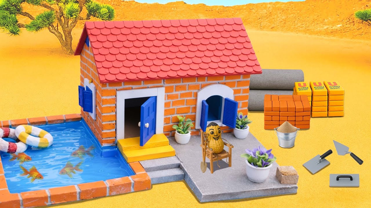 DIY Mini Brick House with Step Water Pool and Front Patio | Mini Construction Project