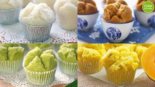 Best 4 Smiling Huat Kueh / Steamed Cakes [Pandan, Pumpkin, Rice, Dark Brown sugar] Vegan Recipe