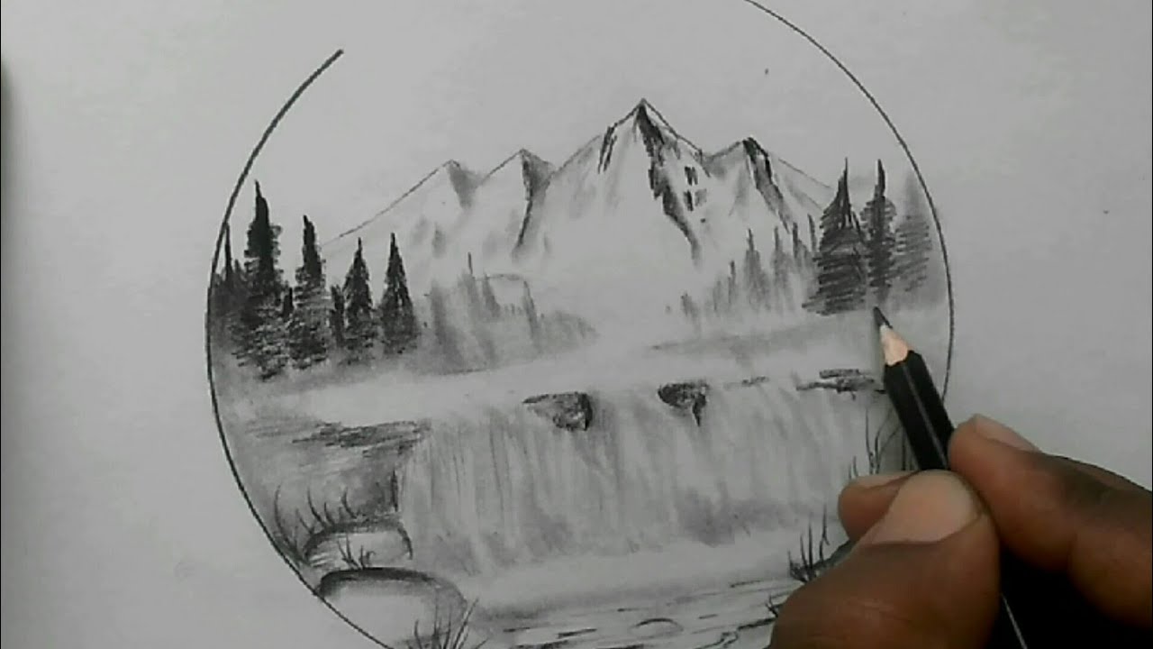 Drawing of beautiful scenery of nature for beginners / waterfall ...