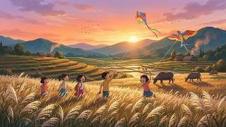 Flying Kites in the Wind 🪁 Running Through Golden Fields & Watching the Sunset | Ghibli-Style ASMR