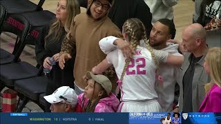 Steph Curry \& Daughter Riley Watch Godsister Cameron Brink Set Stanford Block Record, Win vs #25 USC