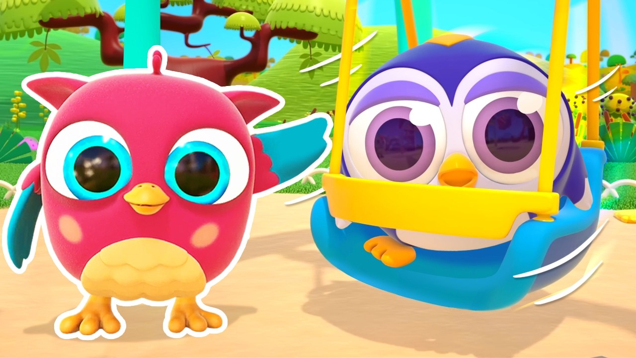 Hop Hop the owl is building a swing for Peck Peck the woodpecker and his toy penguin.