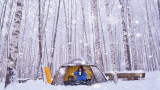 [4K] Camping in the snowy deep birch forest. Best camping ever. hiking camping in the snow