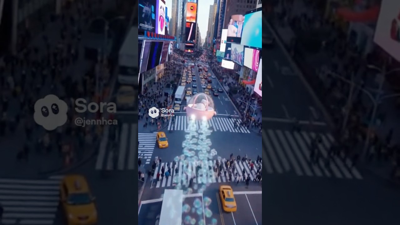 Wicked! cat in bubble flying ship flying over timesquare! 