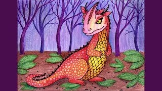 Красный дракон. Рисунок фломастерами и цветными карандашами.