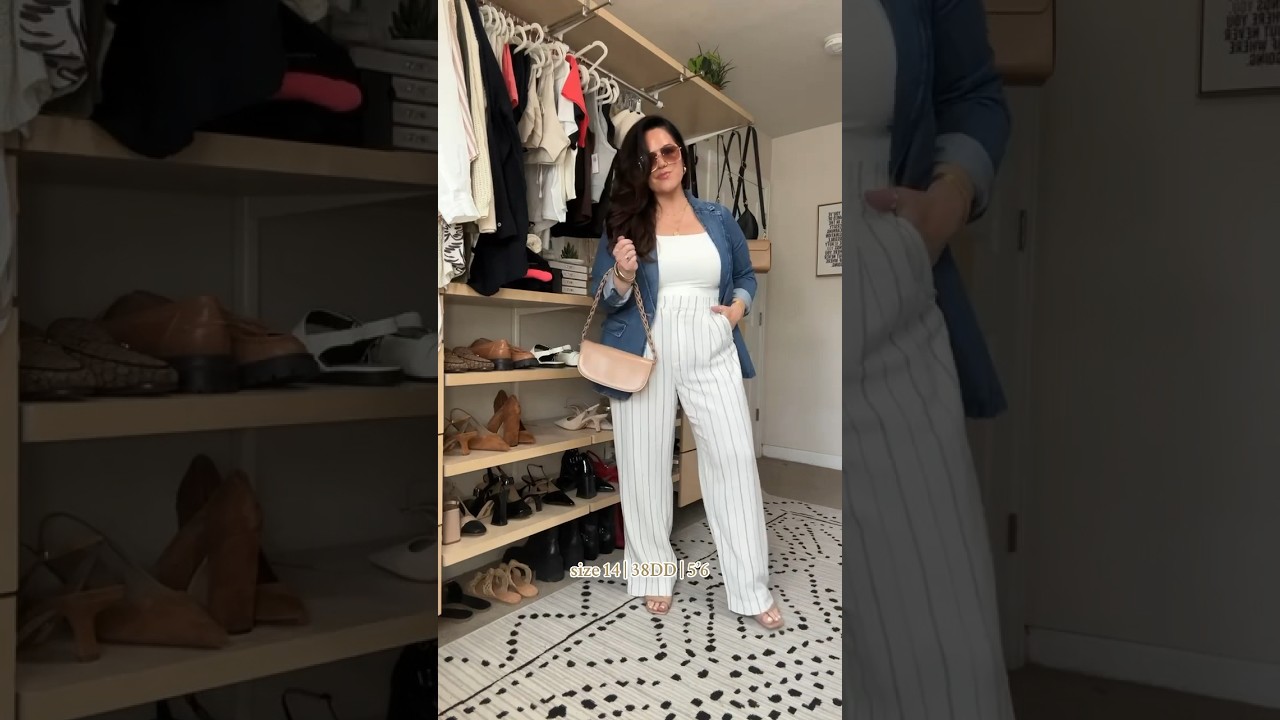 Thick tummy spring business casual outfit inspo featuring a denim blazer! #midsizefashion #size14