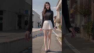 Moving AI Lookbook #5 - Street Black Knit + White Pleated Skirt Coordination Female Model