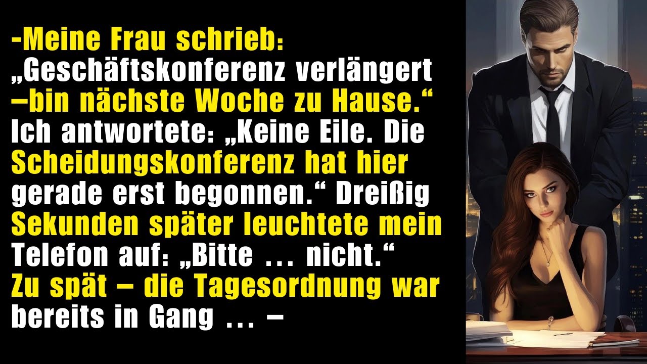 Meine Frau schrieb: „Konferenz verlängert.“ Ich arbeitete an ihren Abschiedspapieren.
