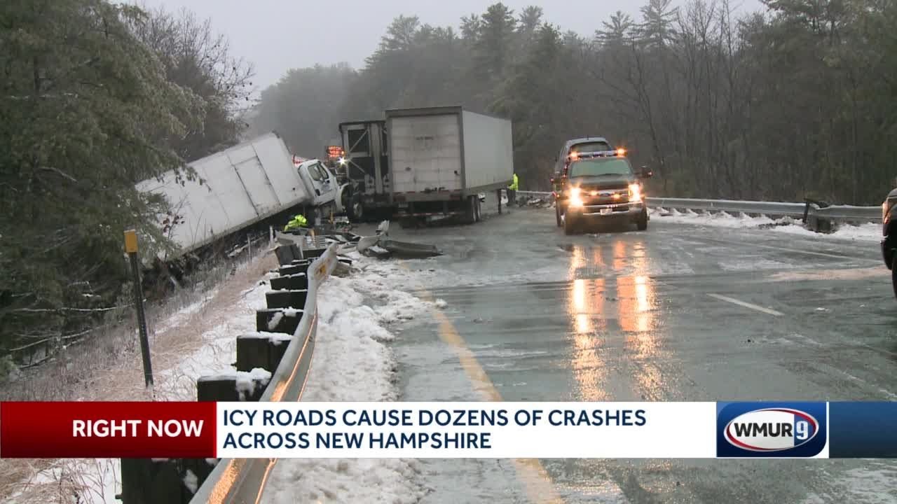 Icy roads cause dozens of crashes across New Hampshire - YouTube