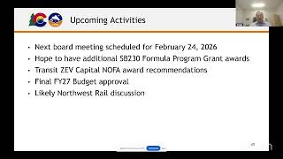 Clean Transit Enterprise - January 2026 Board Meeting
For more information about the Transportation Commission and to access meeting documents, please go to: https://www.codot.gov/about/transportation-commission Clean Transit Enterprise - January 2026 Board Meeting
