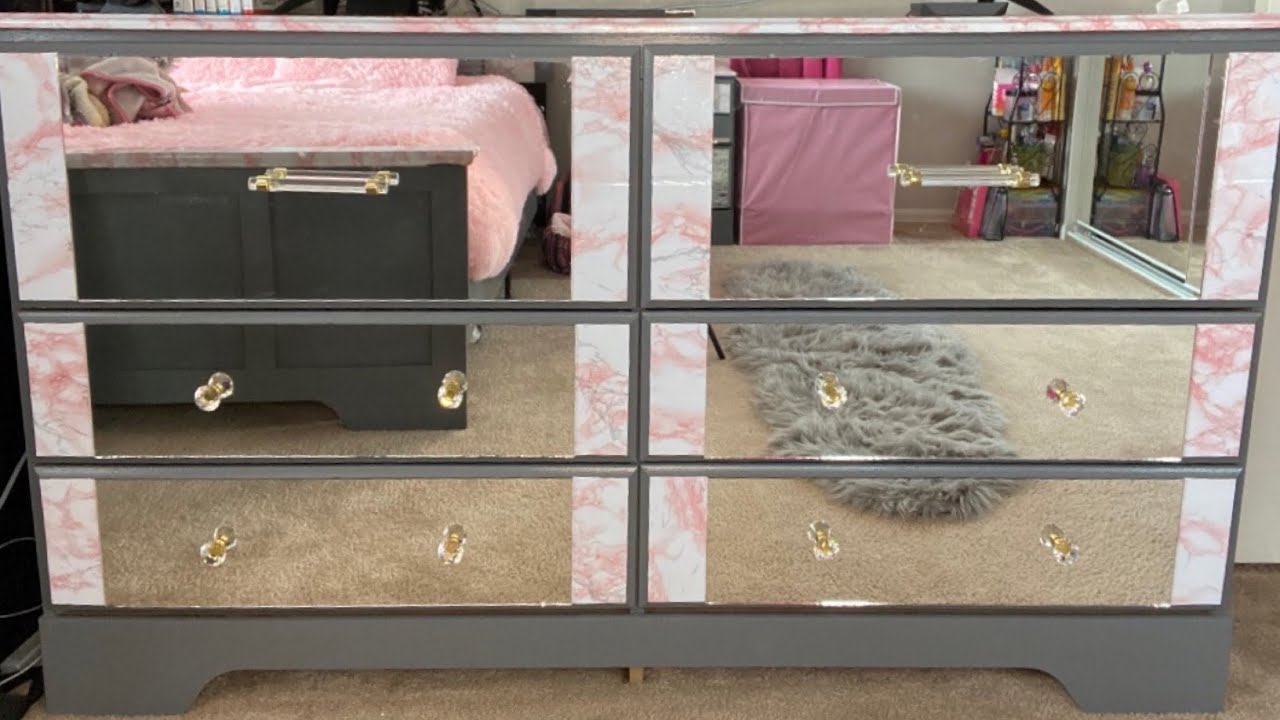 Furniture MakeoverDIY Pink Marble Mirrored Dresser & Nightstand