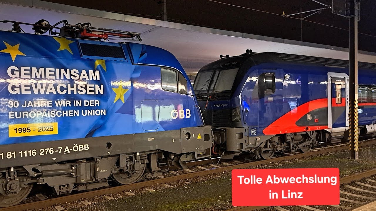 Linz Hbf: Tolle Abwechslung am Morgen: NJ446, ÖBB IC, RJ, CargoServ, GYSEV,  BR189 akiem mit K+S