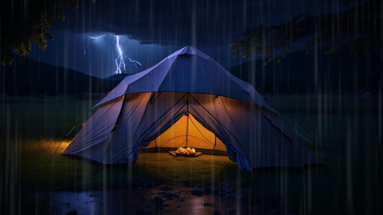 Sleep immediately in a tent with heavy rain and thunder in the forest ...
