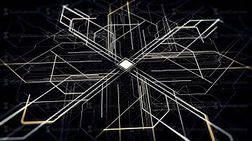 Circuit board with moving electrons, CPU processing data. Animation. Abstract visualization of