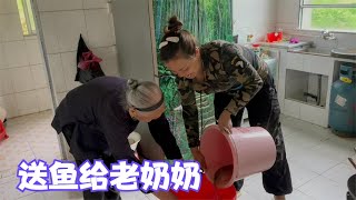 娜姐和雨锅干鱼塘捞到好多鱼，送两条给老奶奶尝尝鲜，妈妈太勤劳了