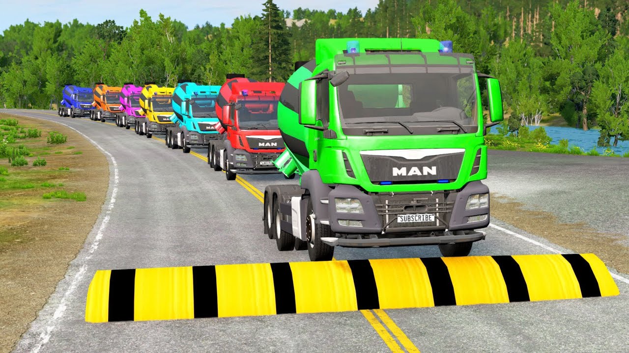 Triple Flatbed Trailer McQueen Transportation with Truck - Speedbumps vs Cars vs Train - BeamNG #20