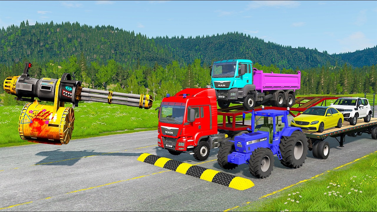 Flatbed Trailer McQueen Transportation with Truck - Speedbumps vs Cars vs Train - BeamNG.Drive #8