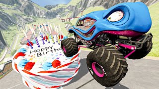 Monster Trucks JATO and Ram Plow Cars Bus Jumps and Fire Over Giant Birthday Cake With Candles