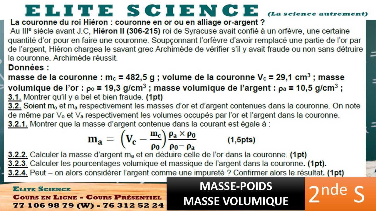 (2ndeS/PC) 🤜Exercice EXTRA sur  MASSE-POIDS-MASSE VOLUMIQUE🔥🔥 Couronne du roi Hieron II-Archimède ⭕