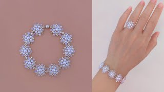 : Snow Crystal Beaded Bracelet and Beaded Ring with Crystal Bicones and Pearls. Beading Tutorial.