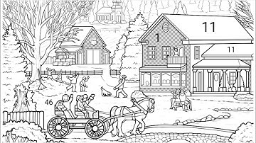 Coloring illustration of autumn countryside with snowy mountains