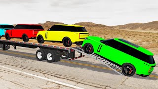 Flatbed Trailer and Range Rover Cars Transportation with Truck - Pothole vs Car #025 - BeamNG.Drive