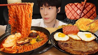 ASMR MUKBANG ก๋วยเตี๋ยวไฟเต้าหู้ไส้ไก่ยักษ์สแปมแฮมไข่สูตรเด็ด! การกินอาหารเกาหลี