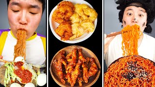 Spicy Mala RICE CAKE Tteokbokki, Fire Noodles, Sweet Sour Shrimps Mukbang! Chinese Food ASMR